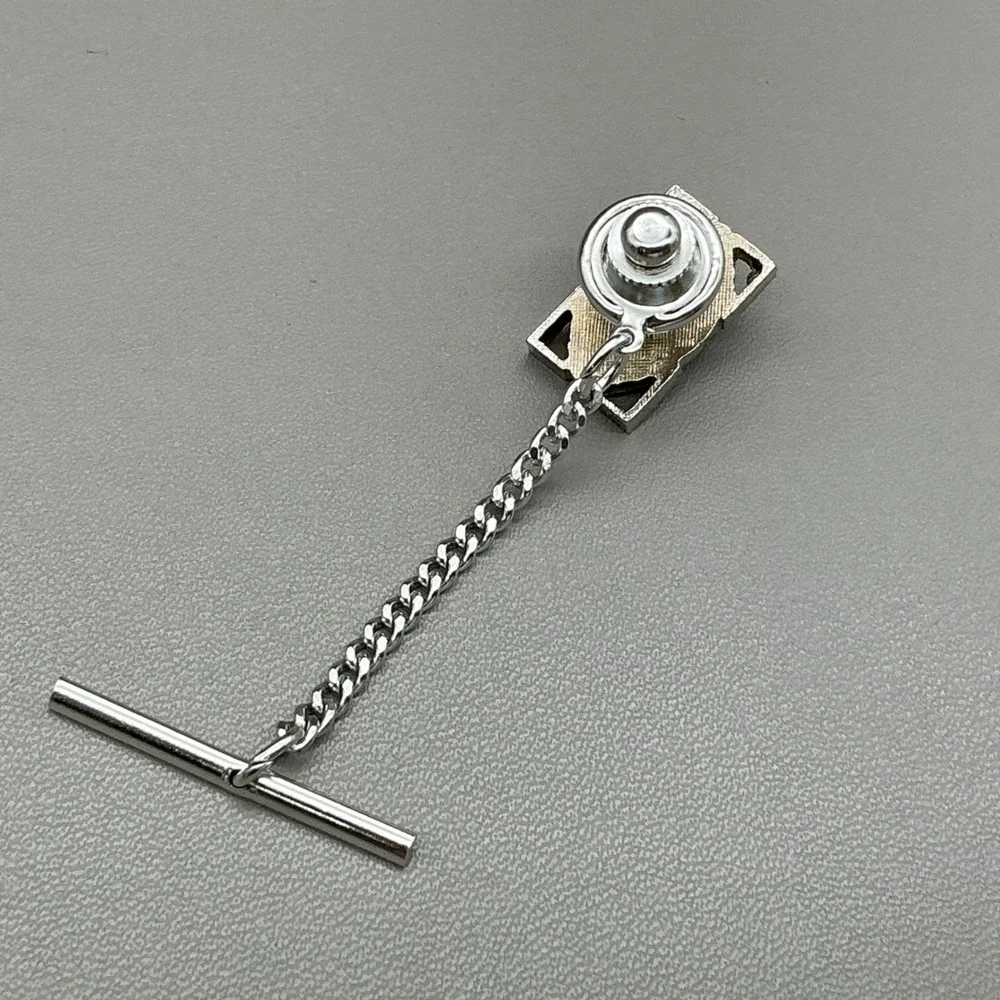 Hickok Tie Tack Vintage Blue Glass Cabochon Silver Tone Chain Men's Accessory